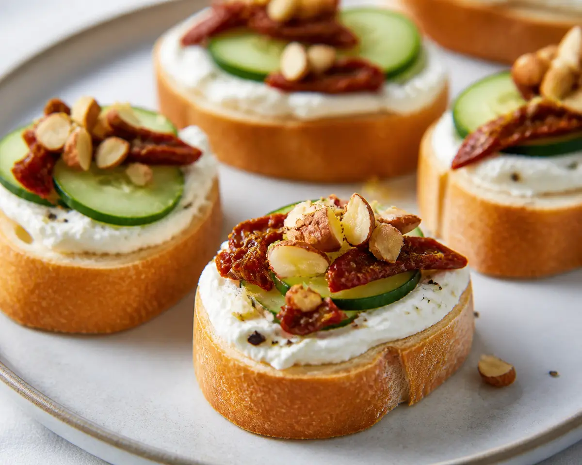 Quick Whipped Ricotta Crostini with Sun-Dried Tomato, Cucumber and Lemon Almonds