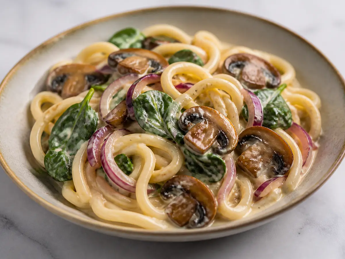 Udon exprés de setas glaseadas, espinaca y crema ligera de tahini-limón