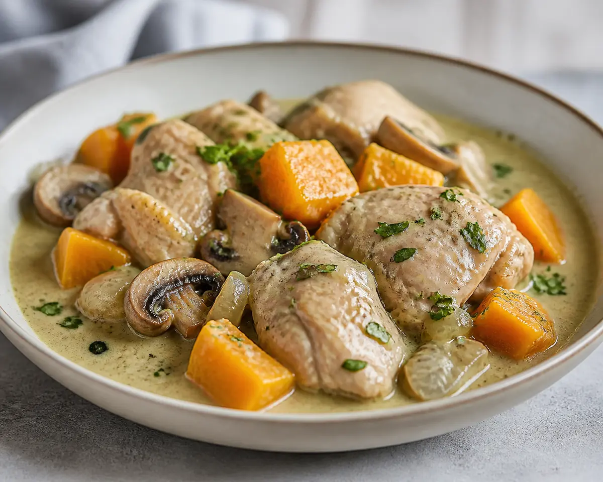 Pollo en slow cooker con calabaza moscada, champiñones y salsa suave de coco al curry verde