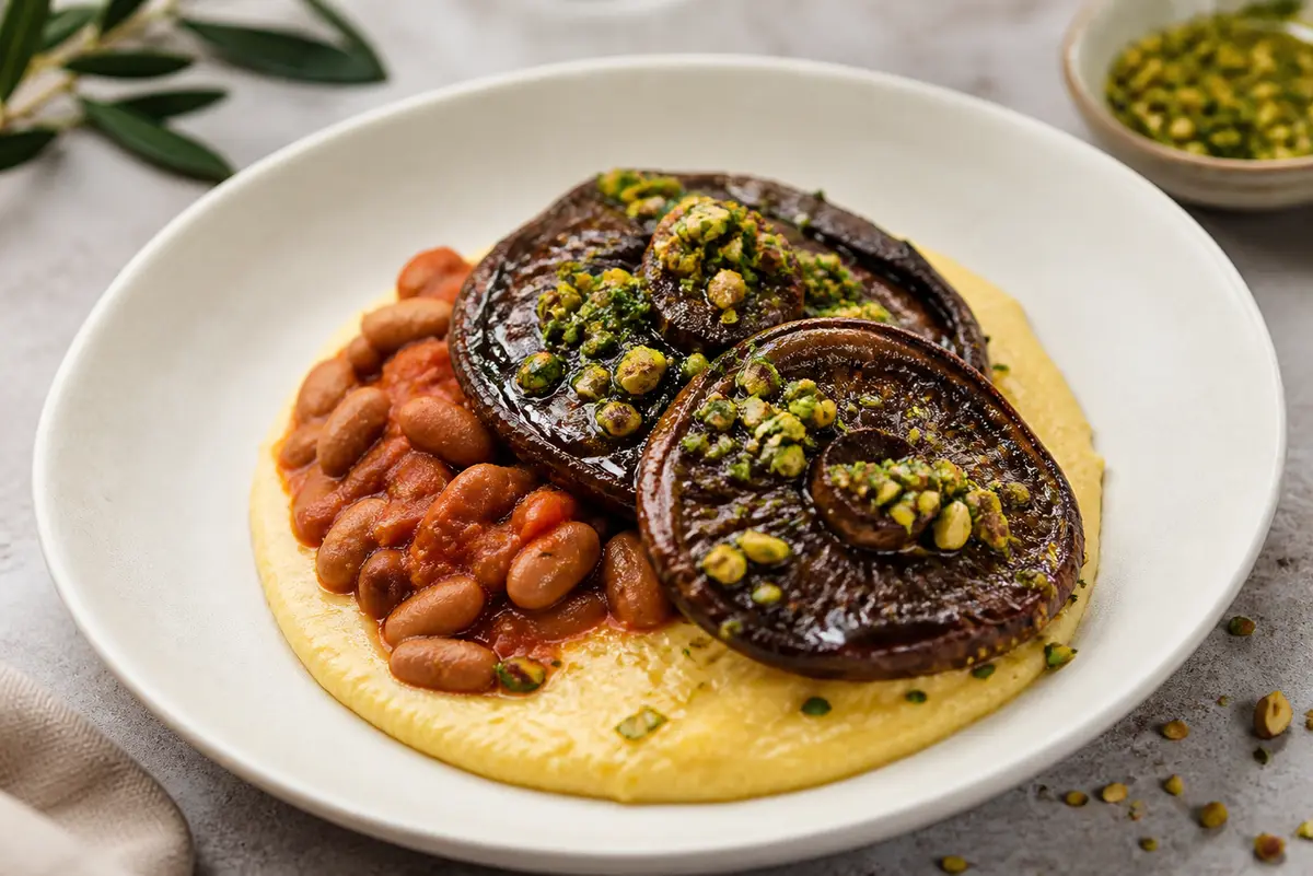 Portobellos asados con polenta cremosa al limón, judías borlotti al tomate y gremolata de pistacho