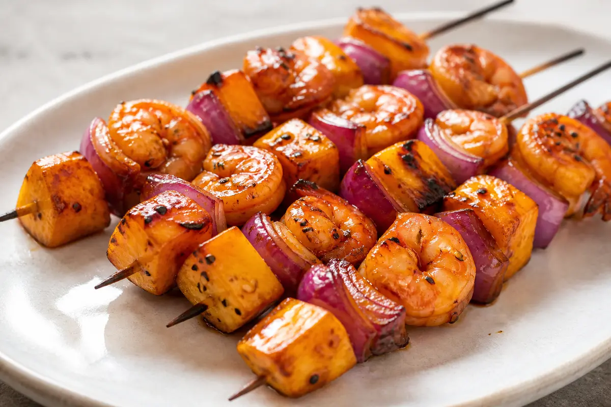 Grilled Shrimp Skewers with Squash and Red Onion, Tangerine-Achiote Sesame Glaze