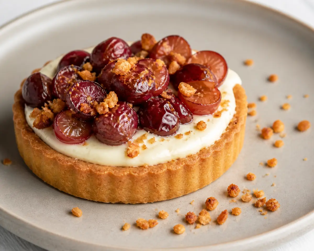 Tarta rústica de uvas asadas, crema de vainilla y migas crujientes de almendra