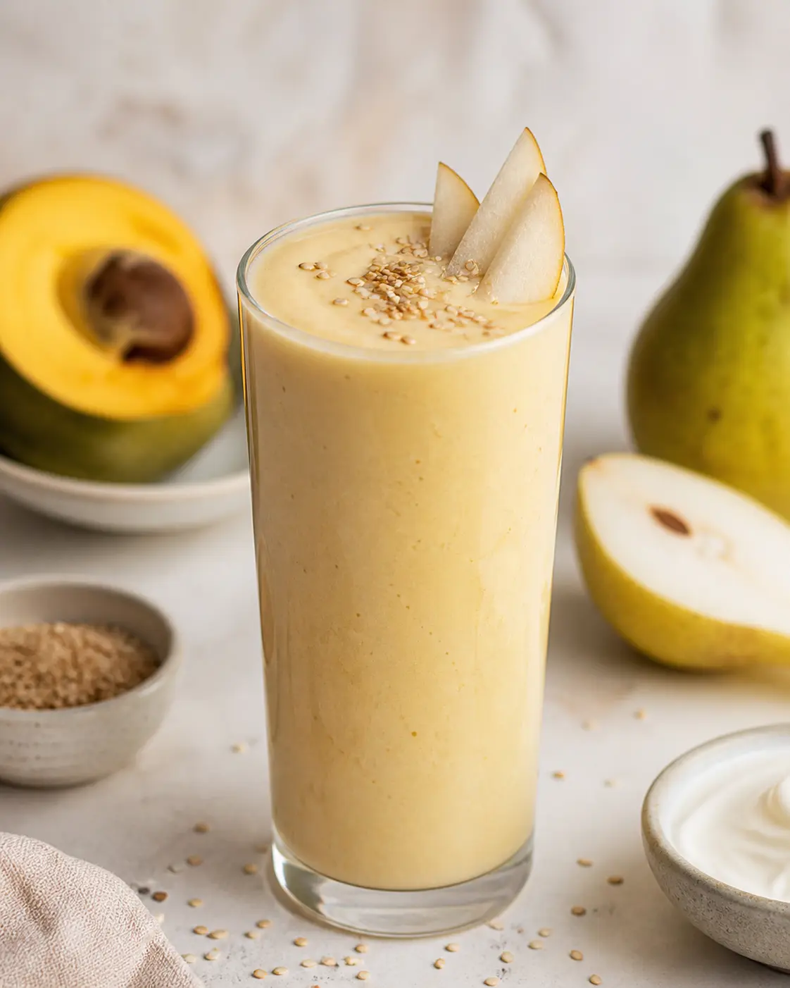 Batido Marfil de Lúcuma, Pera y Yogur con Sésamo Tostado