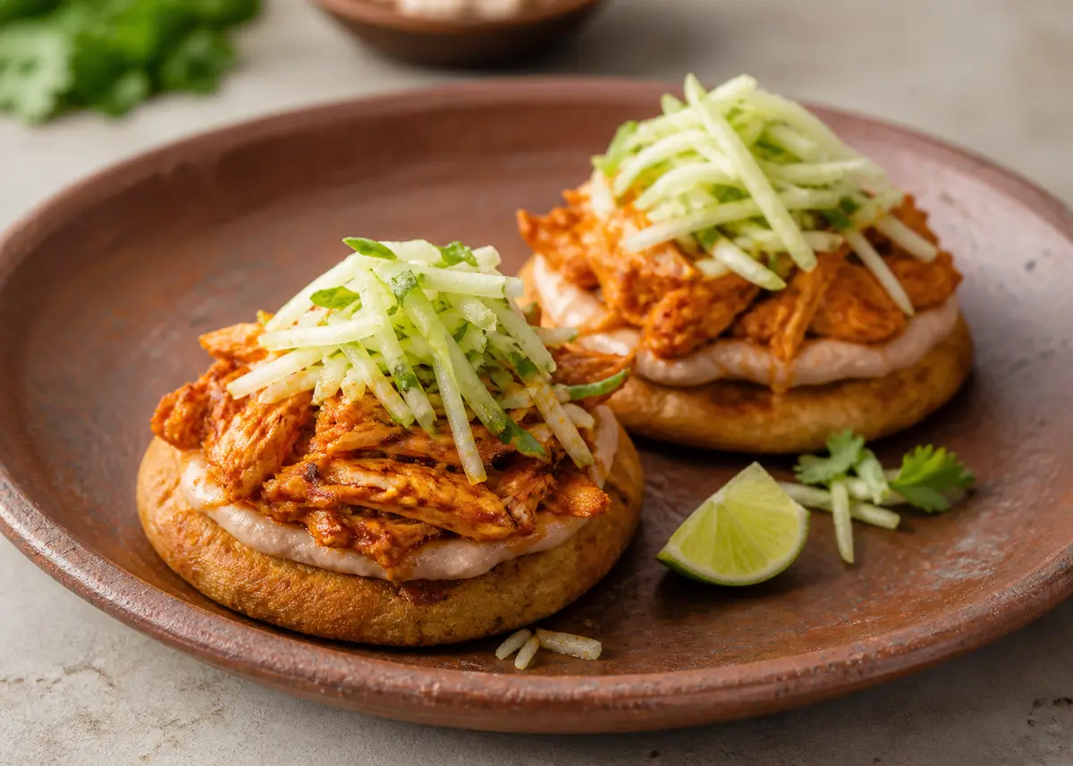 Chicken Sopes with Green Annatto Marinade, Ayocote Bean Purée, and Crunchy Chayote Slaw