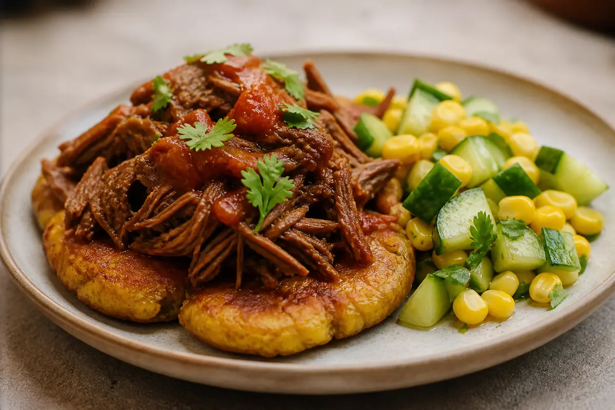 Green Plantain Cakes with Aji Panca Shredded Beef and Fresh Corn Cucumber Salad