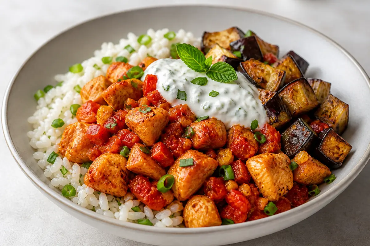 Tazón tibio de pollo al pimiento rojo ahumado con arroz de cebollín, berenjena dorada y crema de yogur con hierbabuena