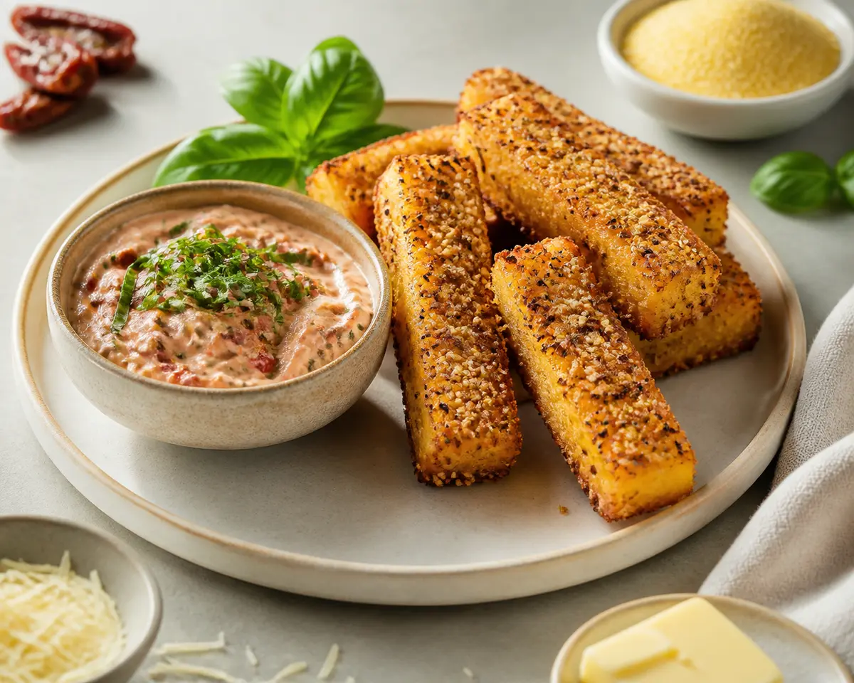 Palitos dorados de polenta con asiago y costra de semillas, con dip cremoso de tomate seco y albahaca