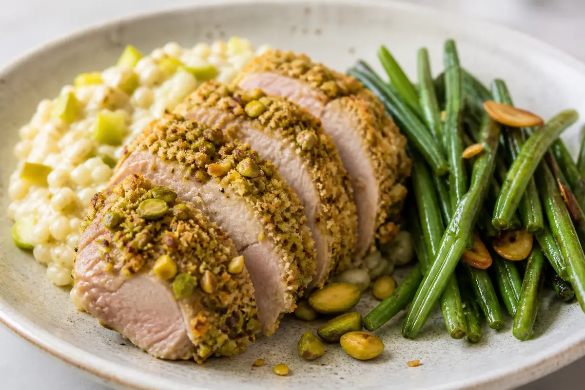 Pistachio-Lemon Crusted Pork Tenderloin with Creamy Leek Barley and Sautéed Green Beans