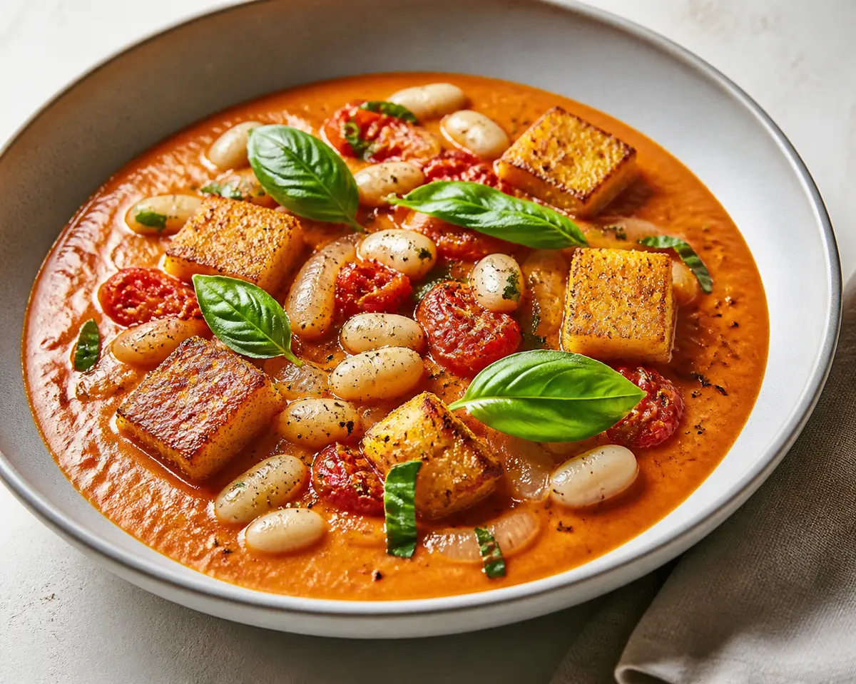 Sopa cremosa de tomate asado, judías cannellini y hinojo con crujiente de polenta y albahaca