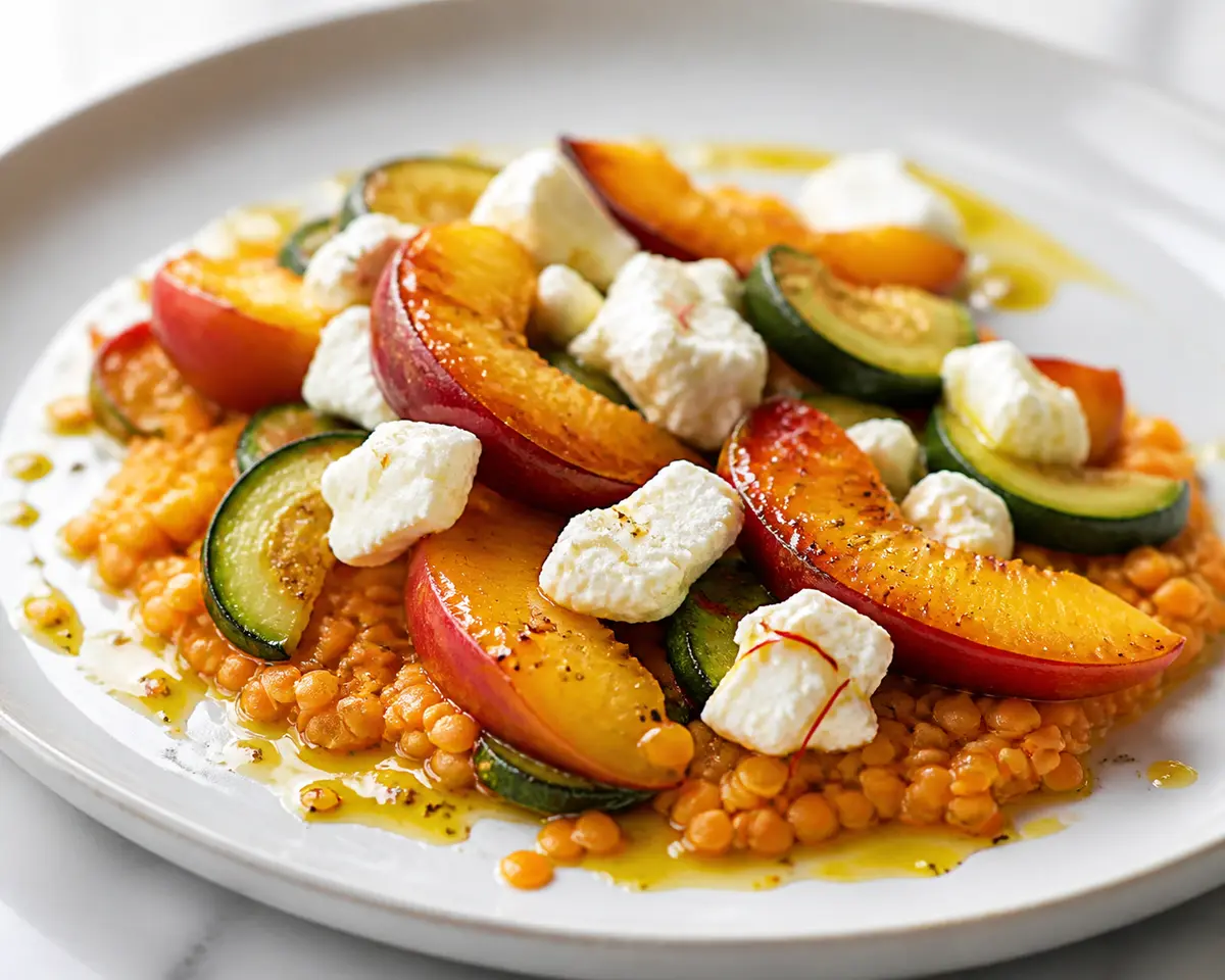Warm Red Lentil Salad with Sautéed Zucchini, Seared Peach and Goat Cheese with Saffron Vinaigrette