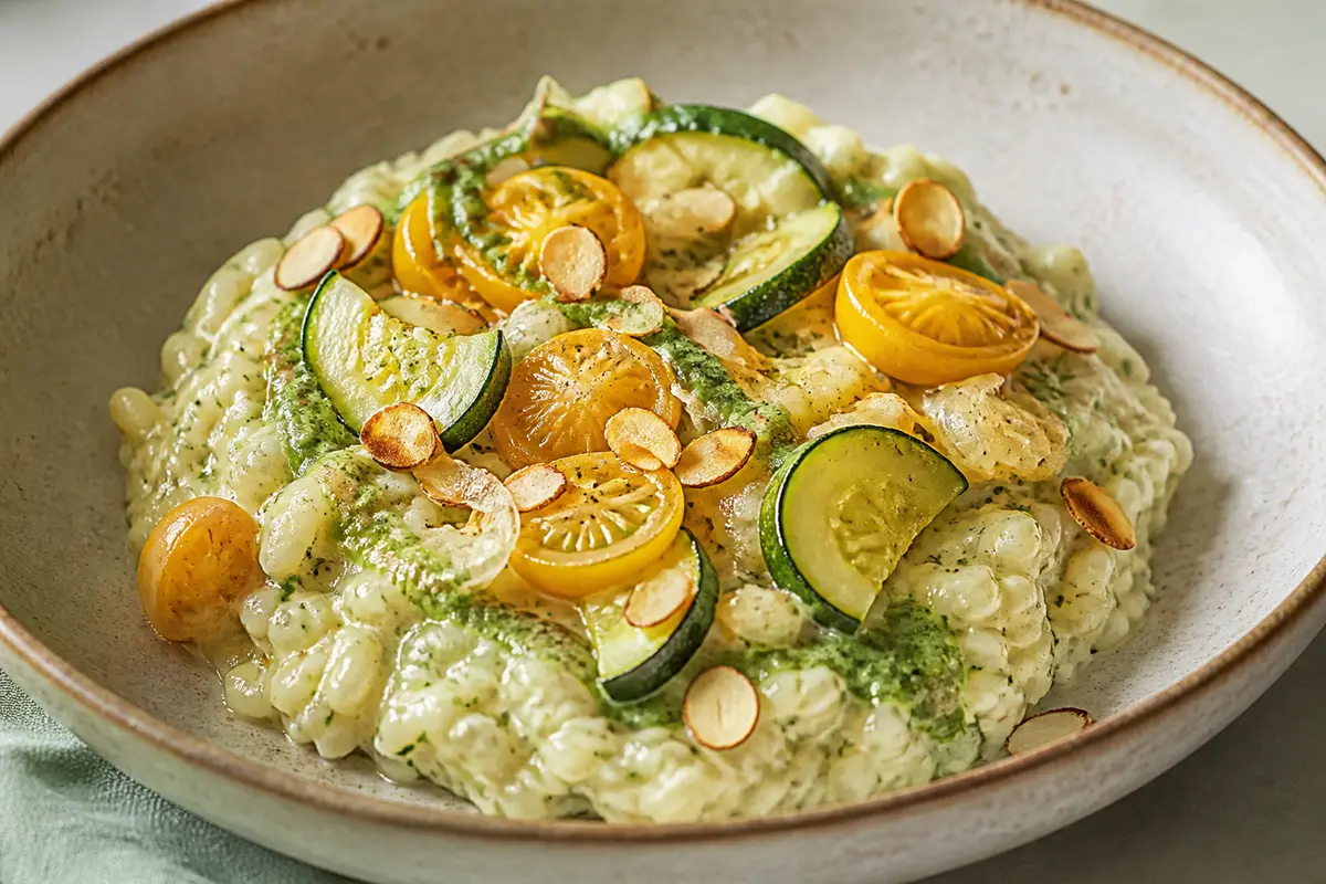 Arroz meloso de tomate amarillo asado, calabacín salteado y crema ligera de albahaca con almendra