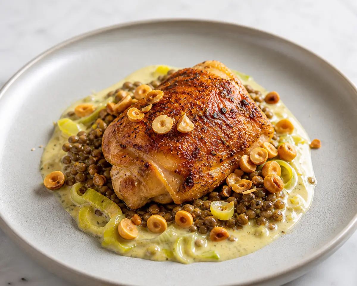 Oven-Roasted Chicken with Creamy Leek Cider Sauce, Sautéed Lentils, and Toasted Hazelnuts