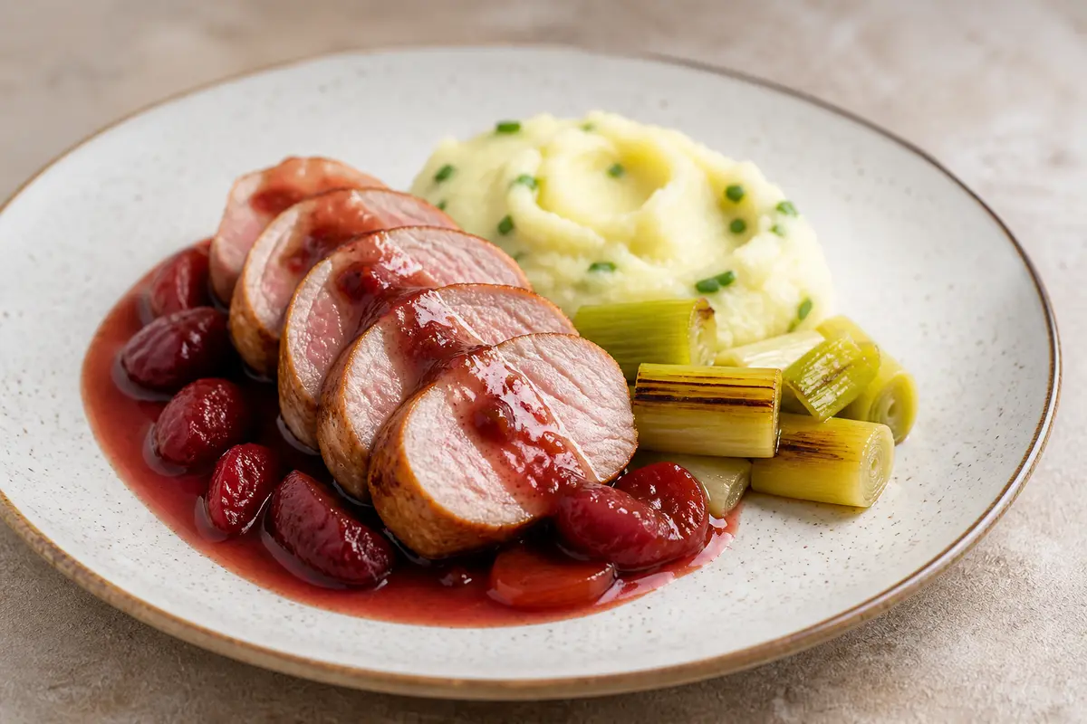Filete de Cerdo con Salsa de Ciruela Ahumada, Puerro Braseado y Puré de Patata al Cebollino