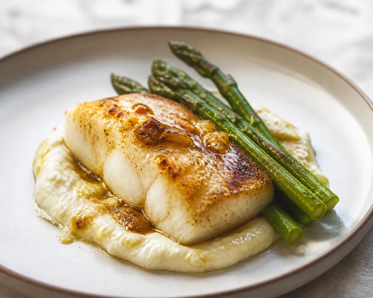 Fish glazed with roasted garlic honey and lime, over cauliflower-leek cream with sautéed asparagus