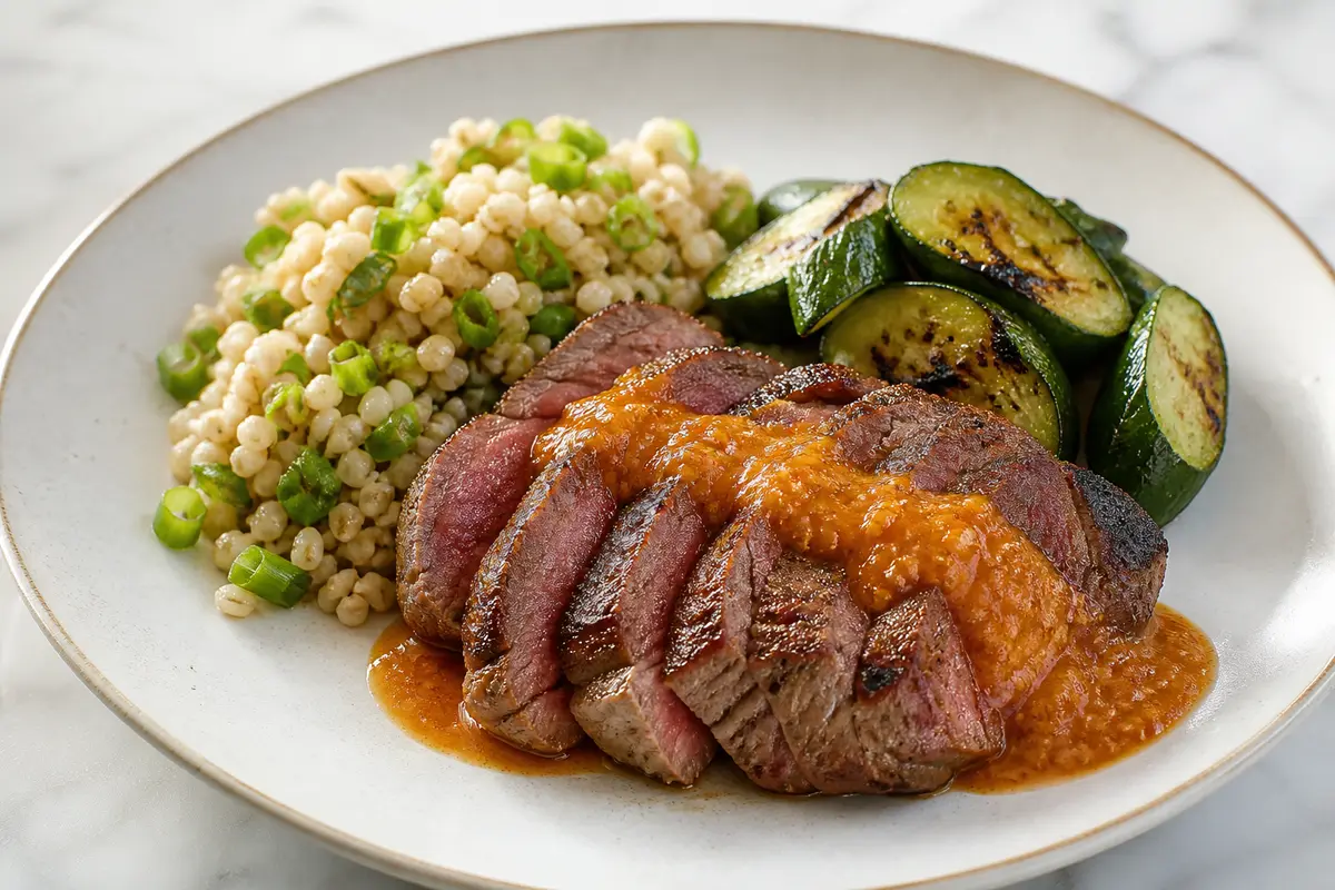 Bistec de Res con Salsa de Zanahoria Asada y Jengibre, Cebada Tierna con Cebollín y Pepinos Chamuscados