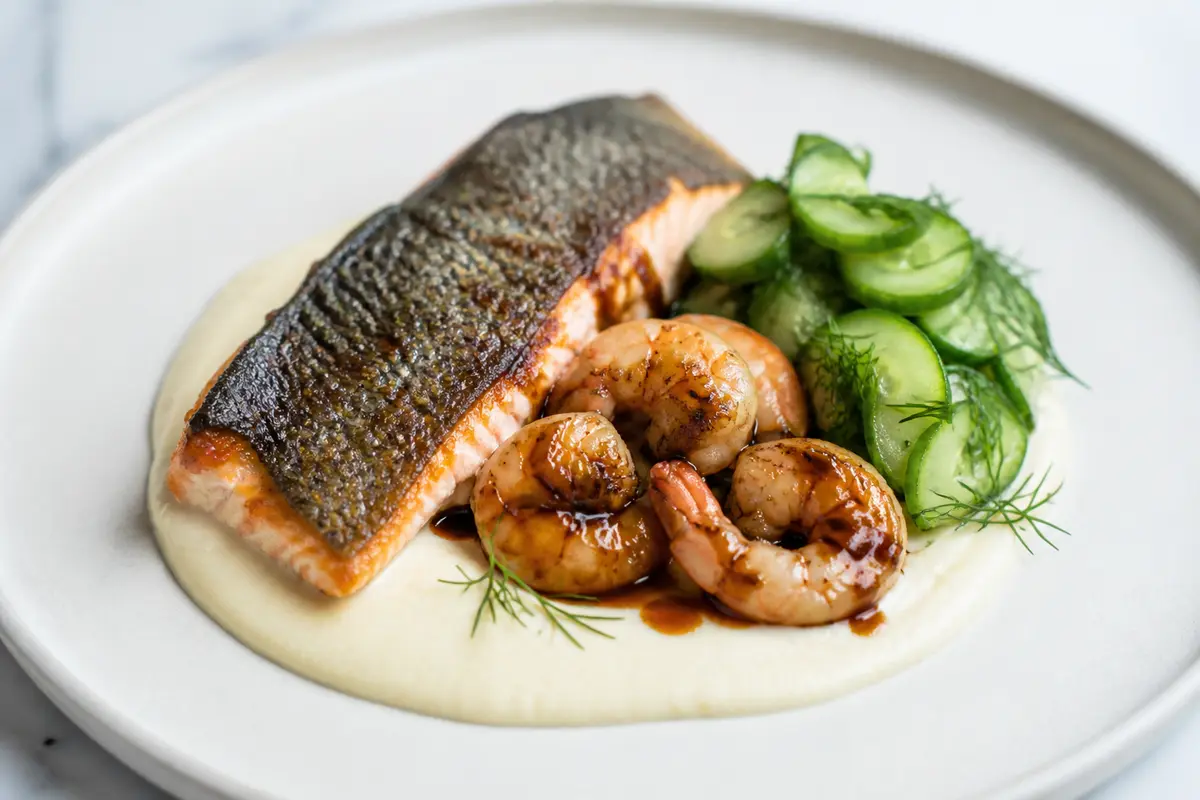 Crispy Sea Trout with Black Garlic Shrimp, Parsnip Cream, and Warm Cucumber Dill Salad