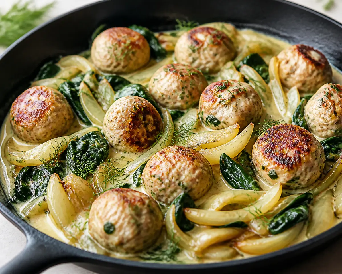 Sartén Keto de Albóndigas de Pavo con Crema de Queso Boursin, Hinojo Dorado y Espinaca
