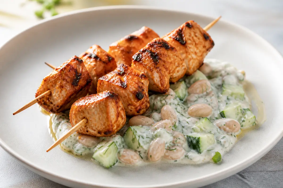 Brochetas de Pavo al Pimentón con Crema de Alubia y Pepino con Limón