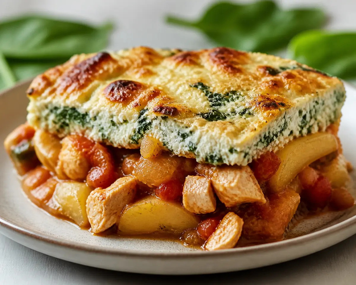 Pastel Familiar de Papas Laminadas con Pollo al Tomate, Espinacas y Costra de Requesón al Orégano
