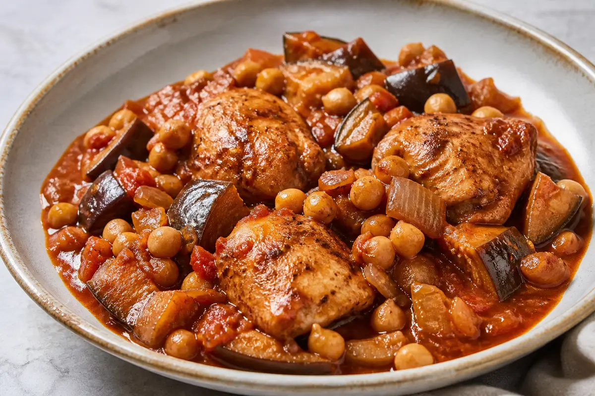Muslos de pollo en slow cooker con berenjena, garbanzos y salsa de tomate ahumado con canela