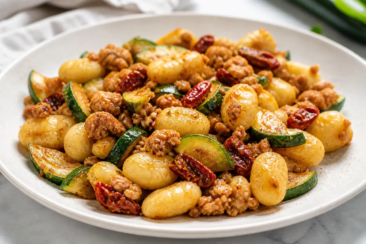 Quick Turkey Gnocchi with Sun-Dried Tomato Pesto and Crisp Zucchini