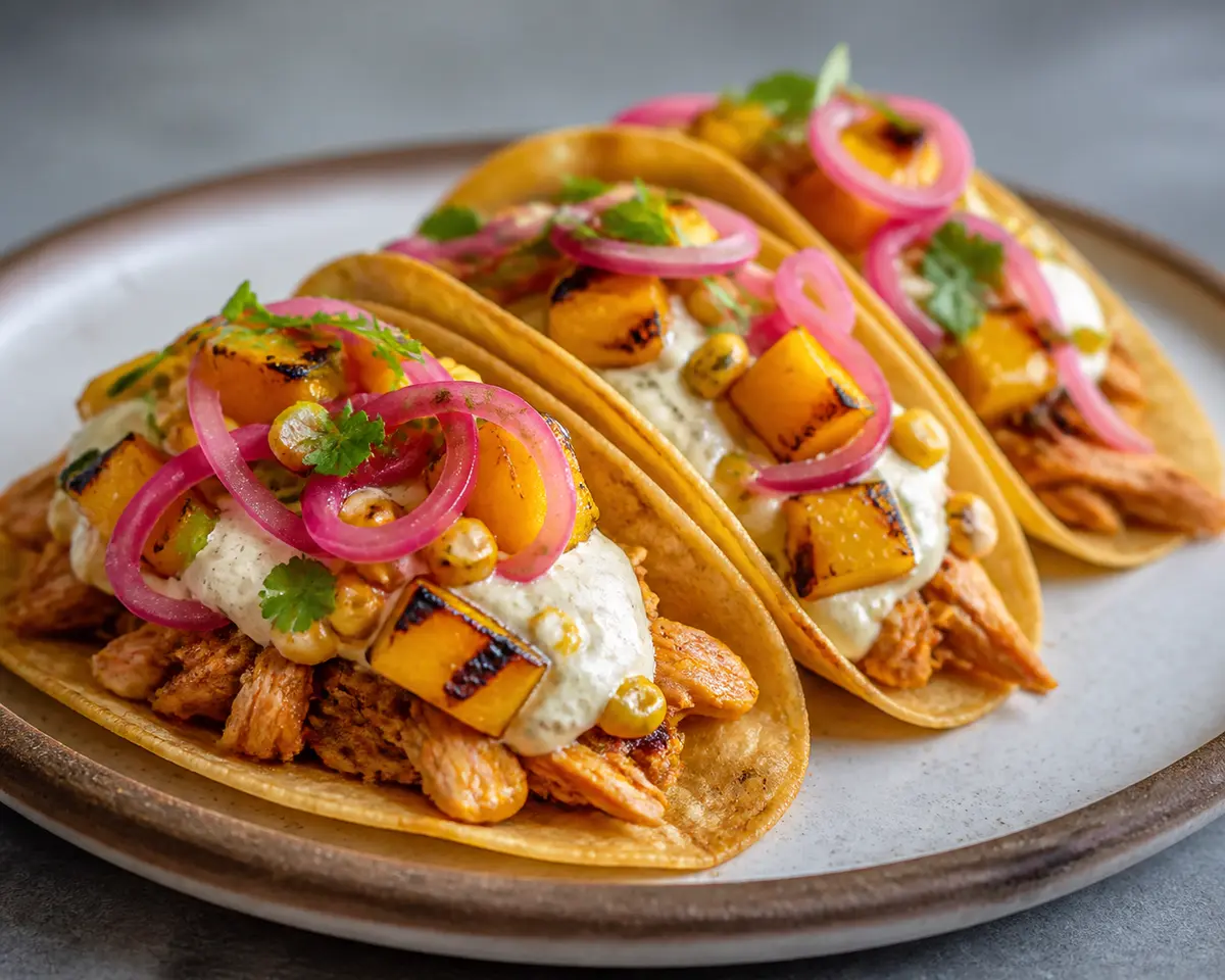 Tacos dorados de pollo al mango tatemado con crema de elote asado y cebolla morada al orégano