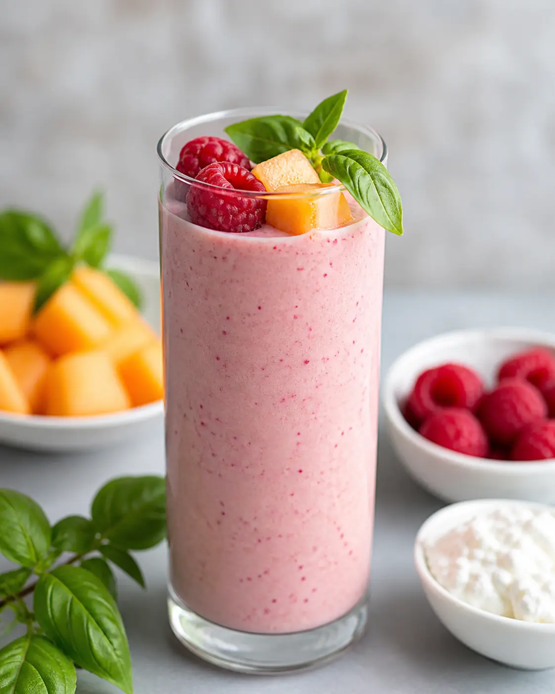 Batido Alba de Melón, Frambuesa y Ricotta con Albahaca Limón