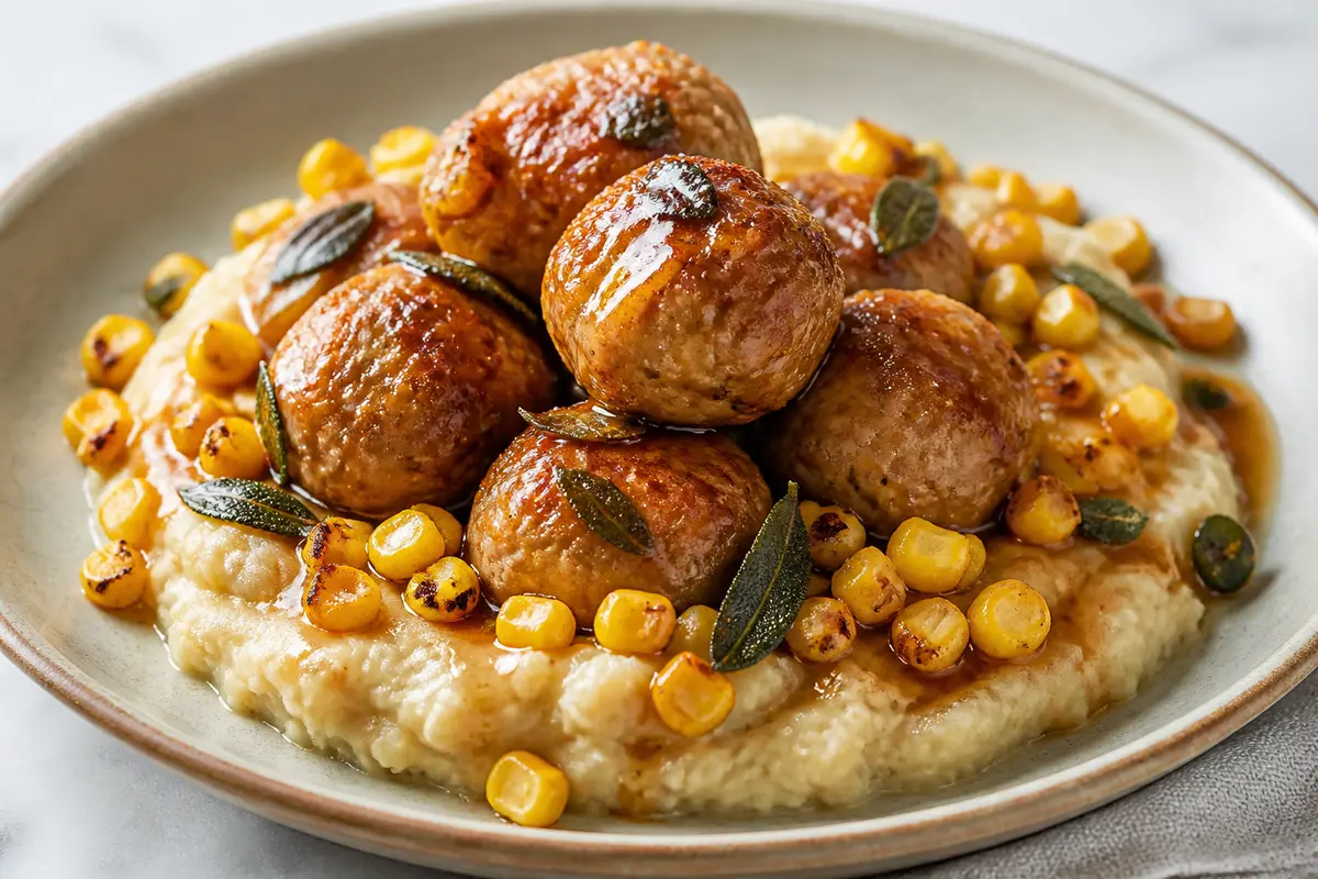 Albóndigas de pavo al glaseado de sidra y salvia con machacado tibio de frijoles blancos y maíz tostado