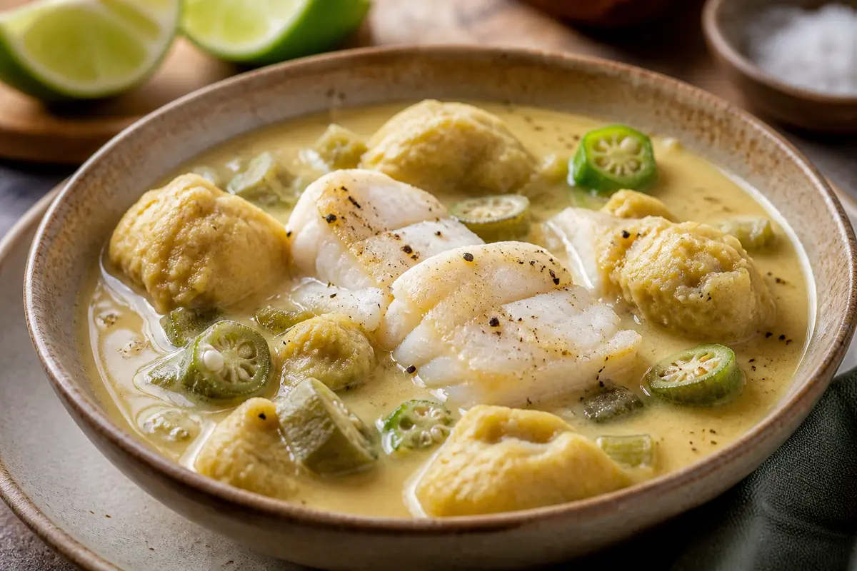 Cazuela Caribeña de Pescado con Leche de Coco, Quimbombó y Bolitas de Plátano Verde