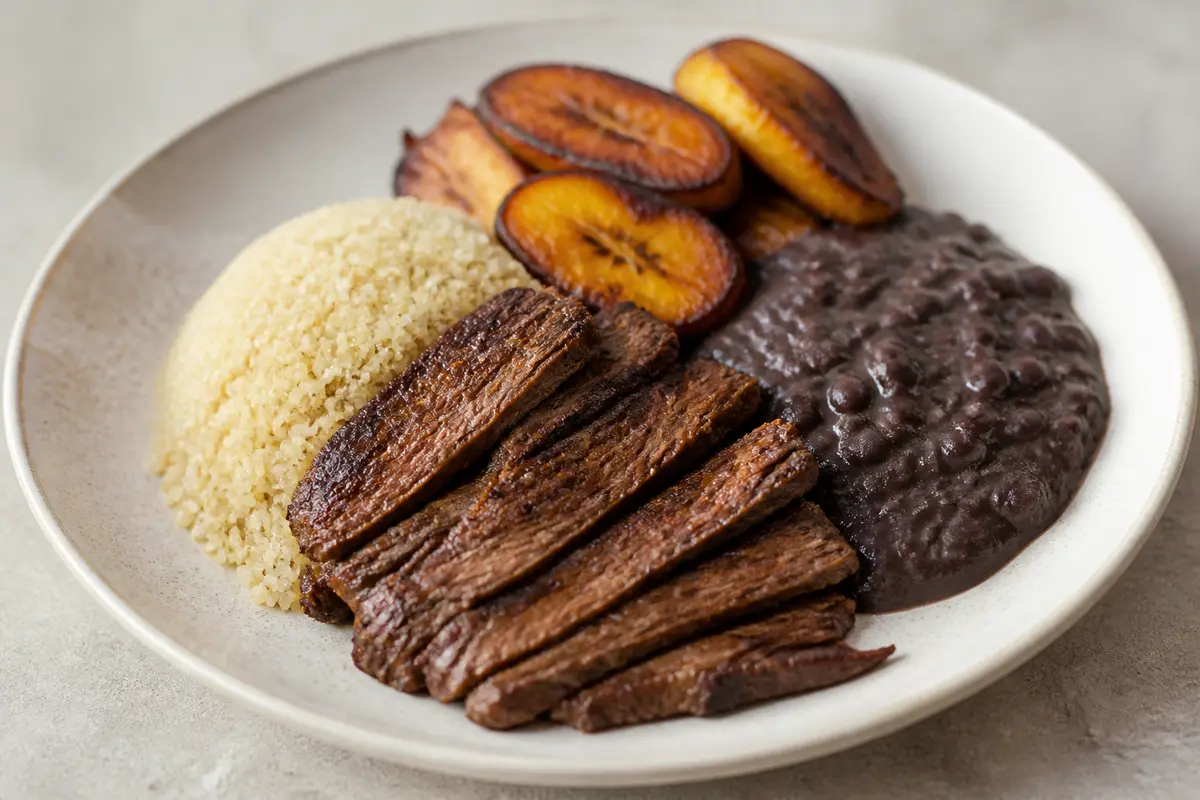 Quinoa Pabellon with Panela-Lime Braised Flank Beef, Creamy Black Beans, and Cumin Plantains
