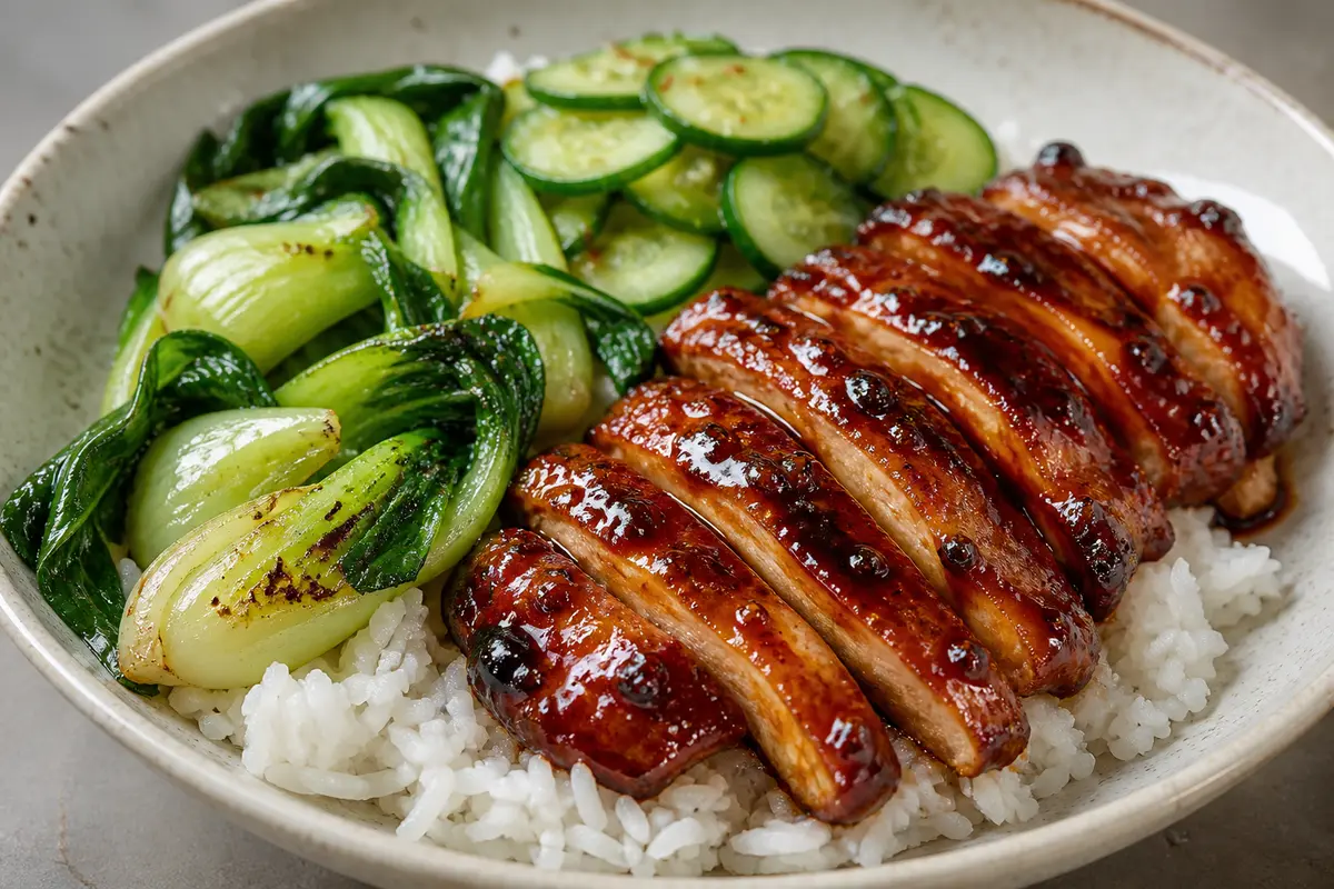 Bowl de arroz jazmín con pollo lacado al miso y cereza, bok choy salteado y pepino avinagrado