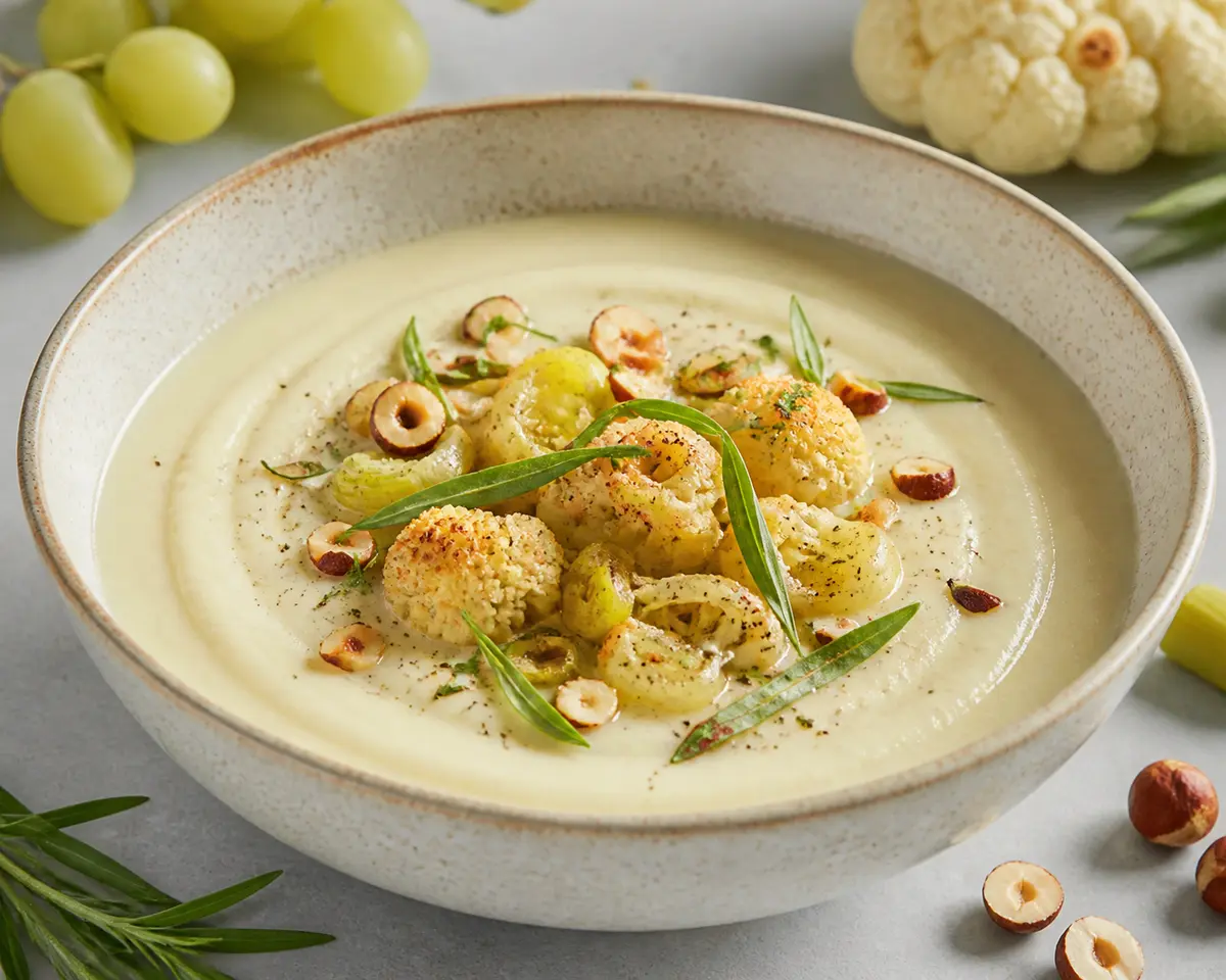 Sopa cremosa de coliflor rostizada, puerro y uva blanca con avellanas y estragón