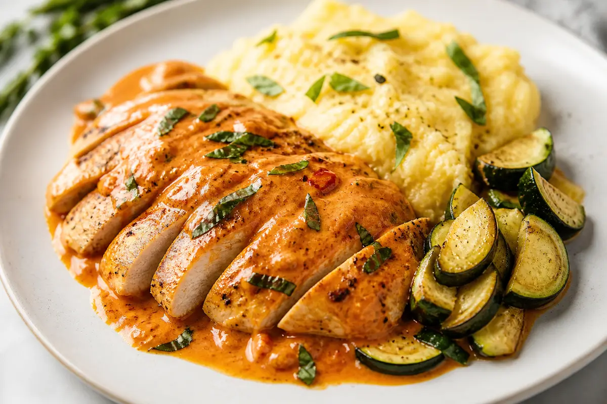 Pechuga de pollo en salsa de pimientos asados y albahaca con polenta cremosa de parmesano y calabacín al ajo