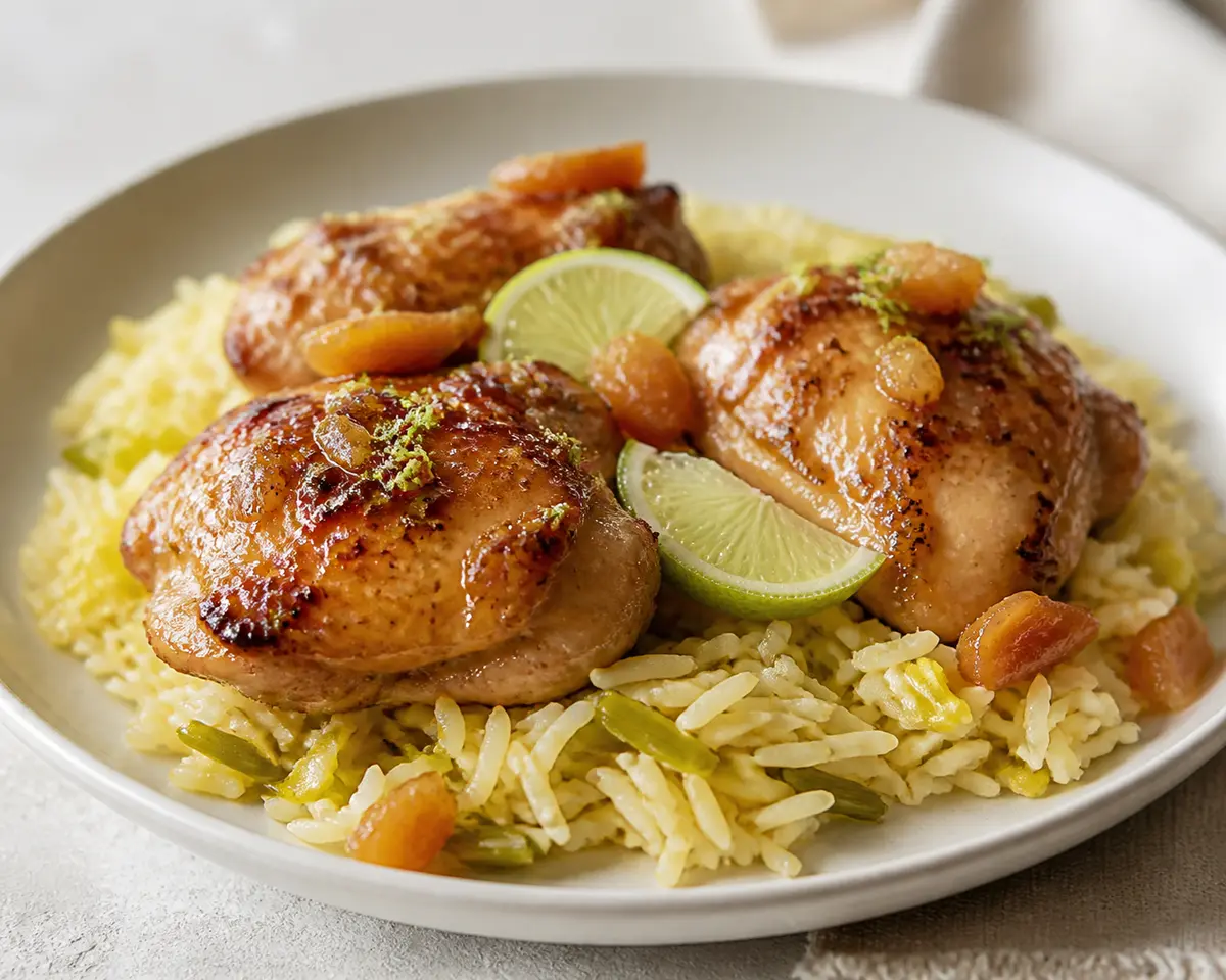 Pollo al horno con glaseado de albaricoque, cardamomo y lima sobre arroz dorado de puerro