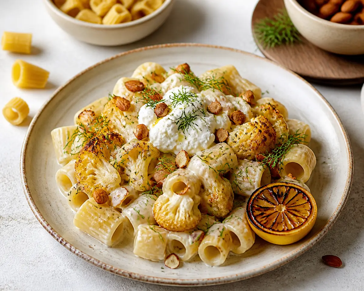Creamy mezze maniche with roasted cauliflower, charred lemon and whipped feta, finished with toasted almonds and dill