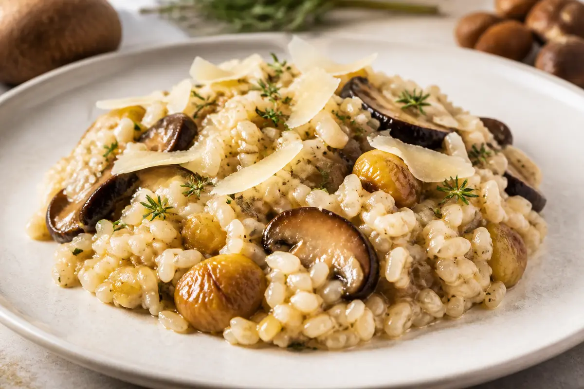 Arroz meloso de setas portobello, castañas y queso Comté con mantequilla de tomillo