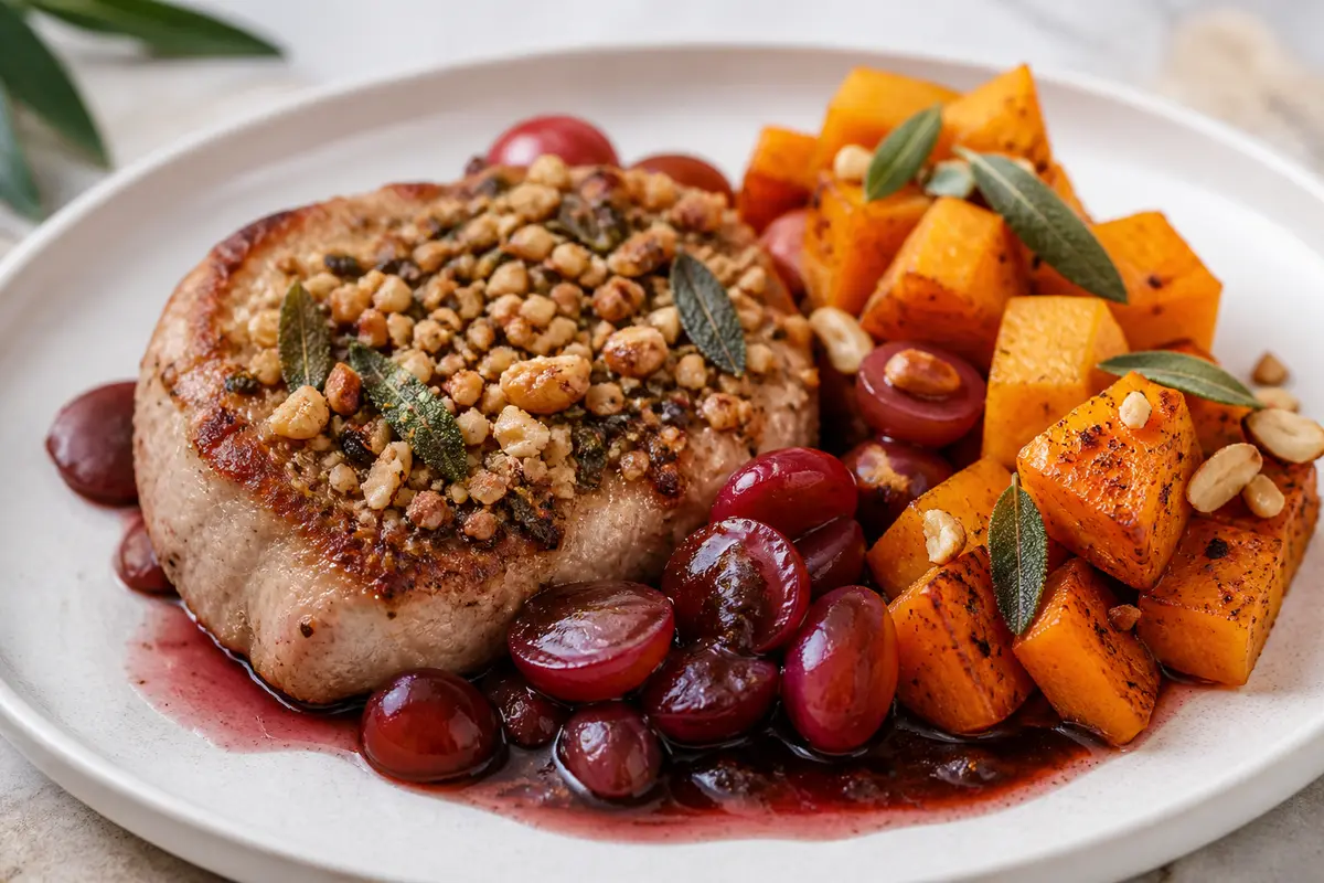 Chuletas de Cerdo con Costra de Avellana y Salvia, Salsa de Uva Roja al Vinagre Balsámico y Calabaza Asada