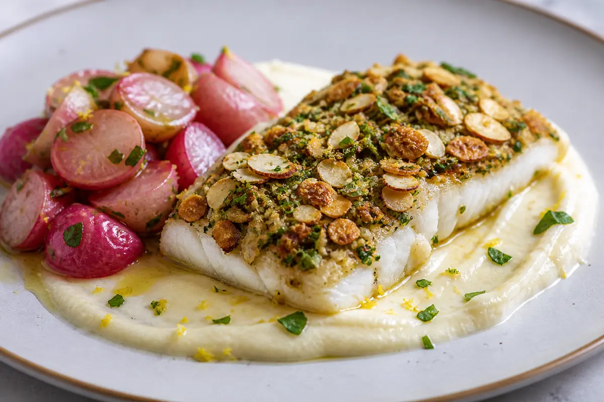 Pescado al horno con costra de almendra y perejil, crema de coliflor al limón y rábanos tibios salteados