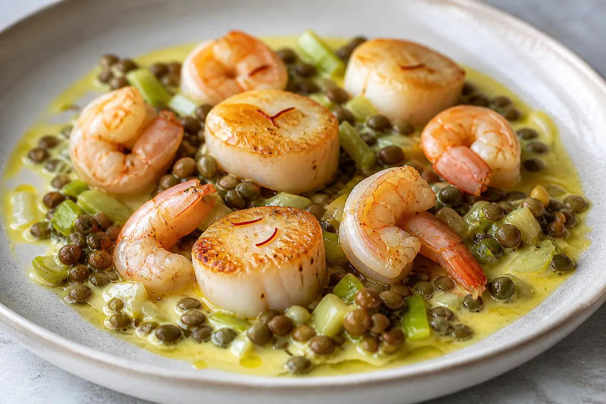 Scallop and Shrimp Skillet with Warm Leek Saffron Cream, Green Lentils, and Lemon Oil