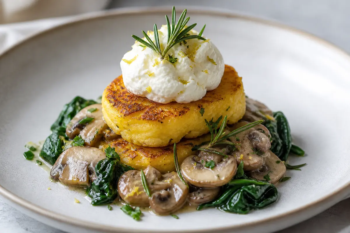 Rosemary Polenta Cakes with Creamy Mushroom Ragout, Sautéed Spinach, and Lemon Mascarpone Cloud