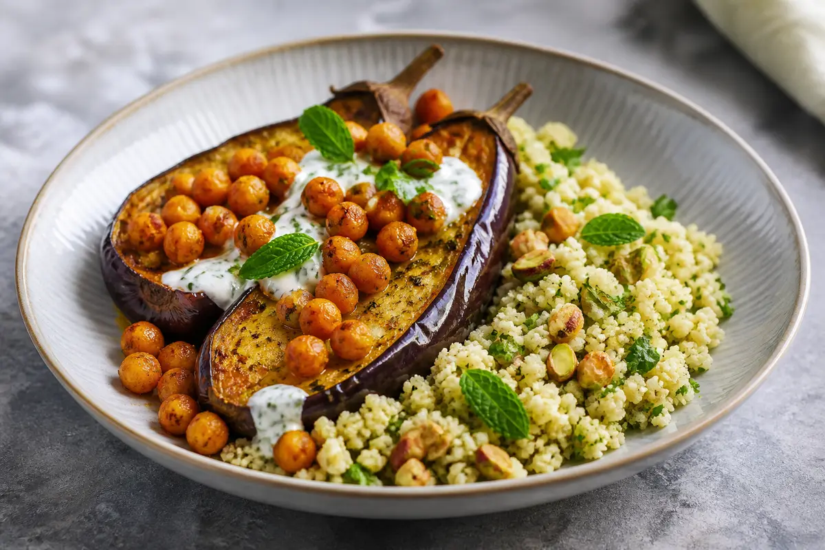 Berenjenas asadas con cuscús de coliflor al pistacho y garbanzos especiados con crema de hierbabuena
