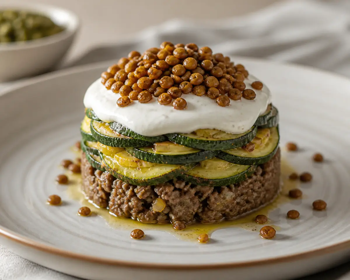 Torre de Ternera Magra con Crema de Yogur al Tahini y Lentejas Crujientes