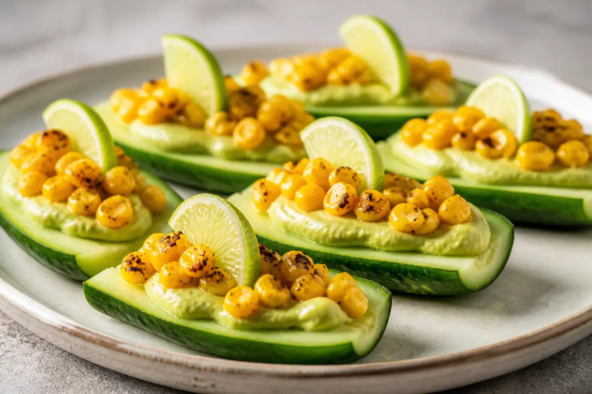 Cucharitas exprés de pepino con crema de aguacate, maíz ahumado y lima