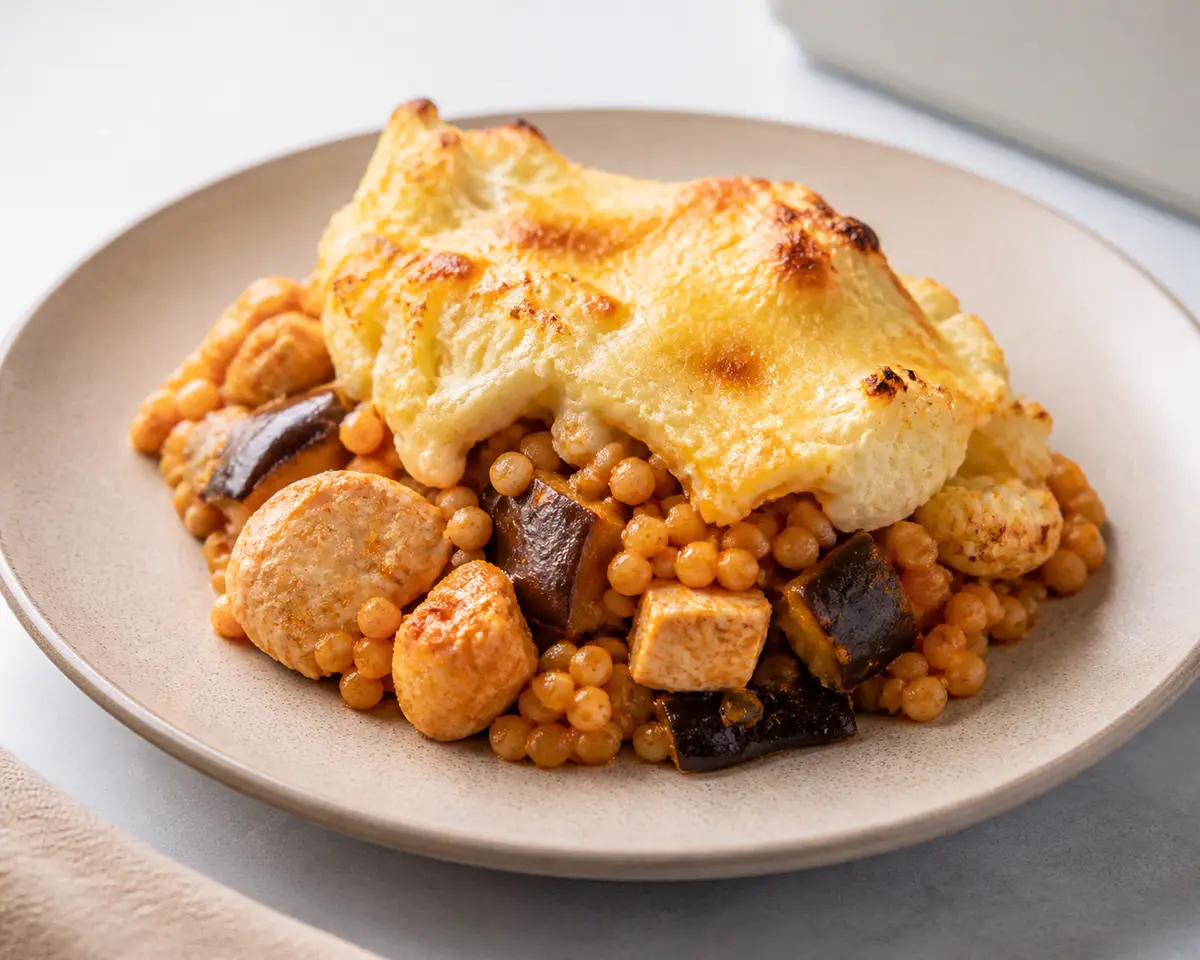 Pastel Familiar de Cuscús Gigante con Pollo al Pimiento Dulce, Berenjena Asada y Tapa Cremosa de Coliflor y Queso