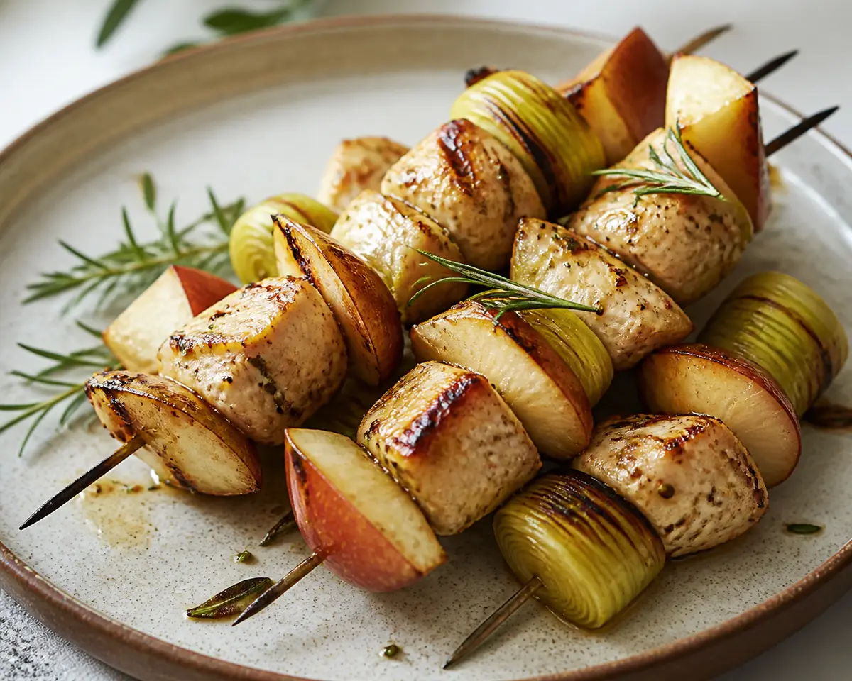 Grilled Chicken Skewers with Smoked Pears, Leek, and Rosemary Mustard Cider Marinade