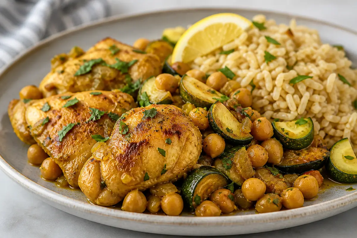 Instant Pot de pollo al azafrán suave con garbanzos, calabacín y arroz integral al limón