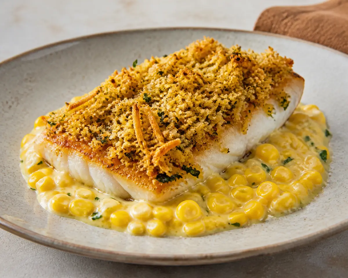Robalo Caribeño en Costra de Cassava y Hierbas con Crema Tibia de Maíz, Coco y Lima