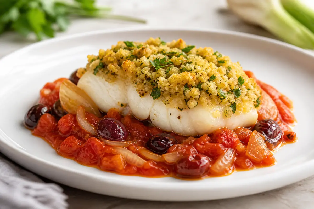 Bacalao Mediterráneo con Costra de Garbanzo y Hierbas sobre Ragú de Tomate, Hinojo y Aceitunas