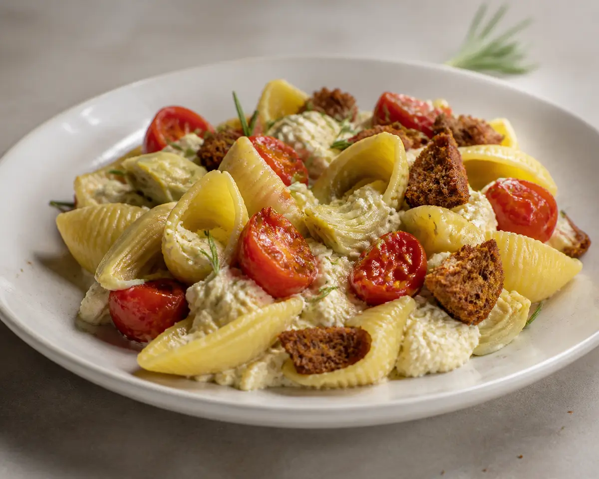 Conchiglie con crema tibia de ricotta y alcachofa, tomate cherry confitado y crocante de centeno al romero