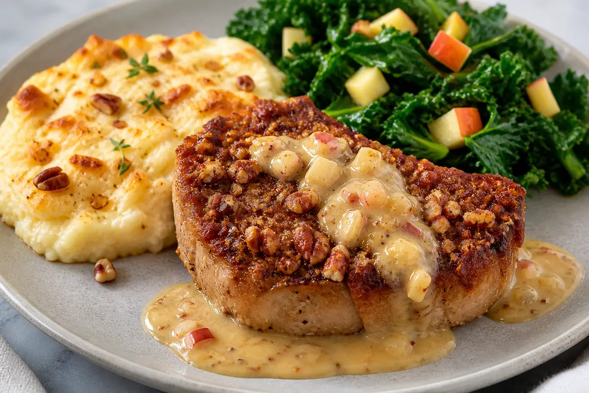 Chuletas de cerdo con costra de nuez pecana y mostaza de manzana, gratén cremoso de sémola y ensalada tibia de col rizada